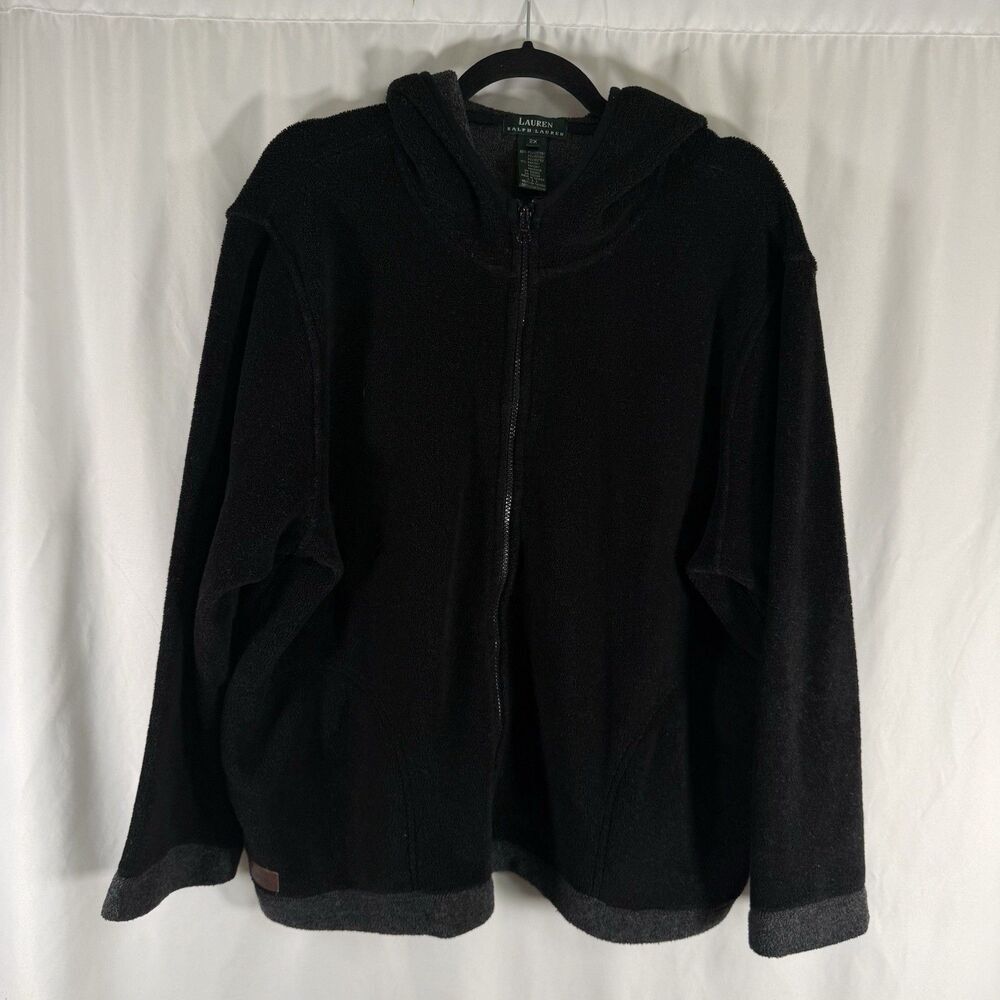 Lauren Ralph Lauren Fleece Jacket Women's 2X Black Full Zip Hoodie Adjustable